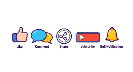 Vibrant cartoon illustration of essential social media engagement icons: a thumbs-up for 'Like', speech bubbles for 'Comment', a share symbol for 'Share', a play button for 'Subscribe', and a bell