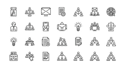 A comprehensive collection of line icons representing business collaboration, teamwork, and organizational structures, presented on a clean white background for versatile use in digital and print