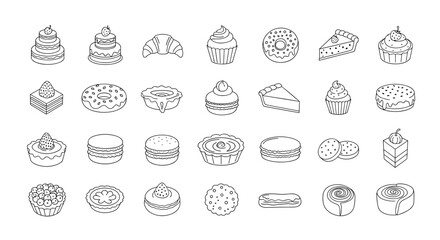 Collection of outline icons representing various cakes and pastries, including tiered cakes, croissants, cupcakes, donuts, pies, macarons, eclairs, and cinnamon rolls, perfect for infographics