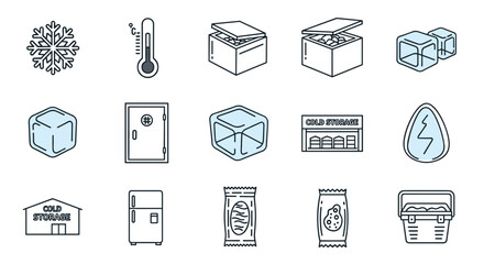 Modern Outline Style Icons Representing Cold Storage and Freezing Concepts, Including Snowflakes, Thermometers, Ice Cubes, Refrigerators, Cold Storage Buildings, and Packaged Food Items, Perfect for