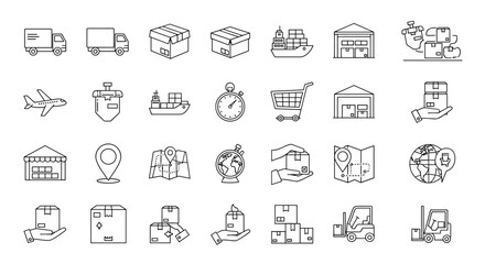 Comprehensive collection of delivery-related line icons, featuring transport vehicles like trucks and airplanes, cargo ships, shipping containers, warehouses, package boxes, maps, globes, shopping