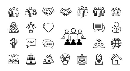 Community icon vector set in black flat and line stroke style, ordered line icon set on white background, representing teamwork, communication, connection, and social interaction, perfect for web and
