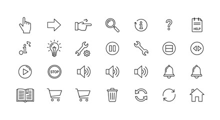 A clean and modern line icon set featuring essential symbols like a hand cursor, arrow, pointing finger, magnifying glass, information icon, question mark, and help document, presented on a white