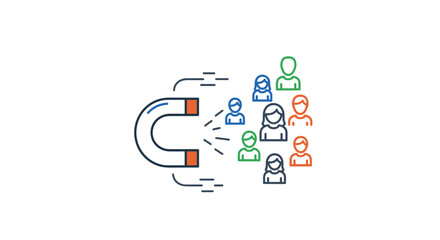 Customer retention concept, illustrated with a horseshoe magnet attracting a group of diverse people icons in blue, green, and orange, symbolizing business growth and marketing strategies, presented