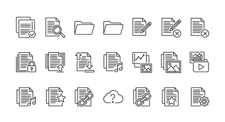 Collection of clean, modern line art vector icons representing various document and file management functions, including folders, search, editing, security, uploads, downloads, media, links, and
