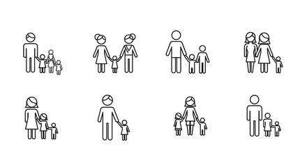 Minimalistic linear illustrations of family units, featuring icons of parents with children, suitable for graphics, apps, and conceptual designs. This vector cartoon collection showcases diverse