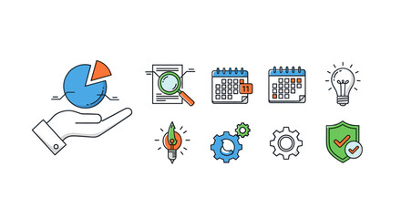 Set of flat design icons representing business concepts: a hand holding a pie chart, a magnifying glass over a document, calendars, gears, a lightbulb symbolizing ideas, and a shield with a checkmark