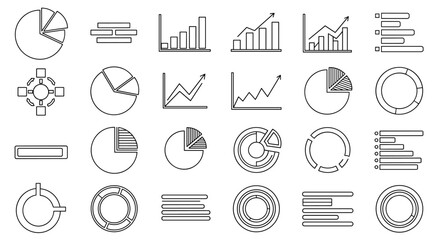 Collection of outline vector diagrams including pie charts, bar graphs, line charts, progress bars, and circular charts, perfect for infographics, articles, books, flyers, and banners, with editable