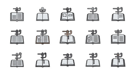 A collection of modern outline-style icons depicting open books under a musical staff, presented on a clean white background, suitable for diverse design applications including cards, apps, and