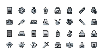 Set of 36 diverse flat icons for graphic design, apps, and websites, featuring a house, lock, computer, cloud, medical kit, and more, presented as a clean vector cartoon illustration on a white
