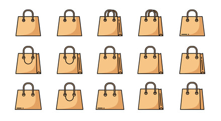 Collection of simple, linear, filled color icons of beige shopping bags, presented in a minimalistic linear pictogram style. Ideal for web and graphic design, apps, banners, social networks, and