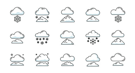 Collection of linear outline icons representing various weather conditions, including snowfall, snow on mountains, and layered clouds, designed for graphic and web design, apps, adverts, and various