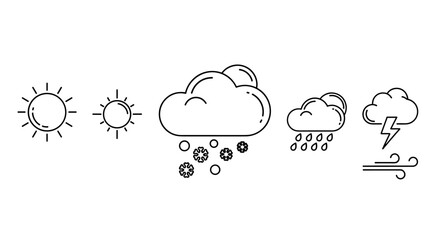 Set of weather icons in outline style, including sun, snow under a cloud, rain under a cloud, and lightning with wind, presented on a white background, perfect for graphic and web design, apps
