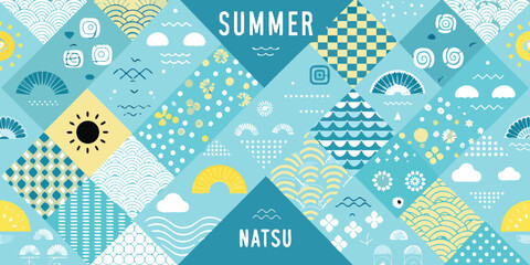 Vibrant geometric summer pattern with japanese inspired motifs and text © Lelin