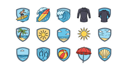 Collection of vibrant and colorful vector cartoon illustrations set within shield outlines, depicting various summer and beach themes including surfing, waves, palm trees, sunny skies, flip-flops