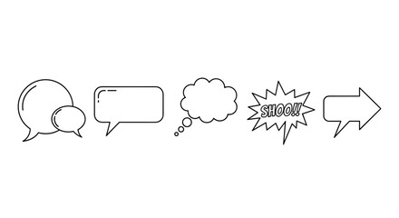 Collection of minimalistic outline speech bubbles and thought bubbles, including a comic-style 'SHOO!!' burst and an arrow-shaped speech bubble, perfect for web, graphic design, apps, banners, social