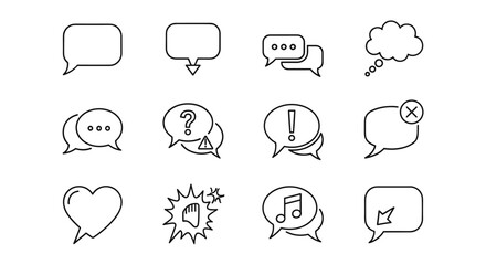 Collection of outline speech bubble icons representing various communication concepts, including dialogue, questions, alerts, thoughts, notifications, and emotions, suitable for graphic design, web