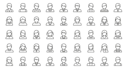 Collection of minimalistic line art user avatars, representing diverse individuals with simple, clean designs suitable for web, graphic design, apps, banners, social networks, and cards. This vector