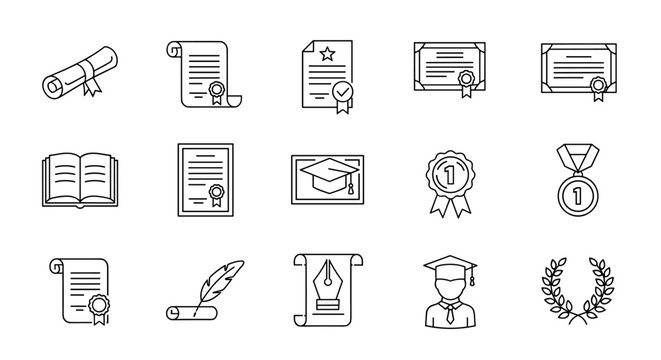 Collection of outline signs representing diplomas, certificates, academic achievements, and educational symbols, drawn with thin lines for versatile application in apps, websites, banners