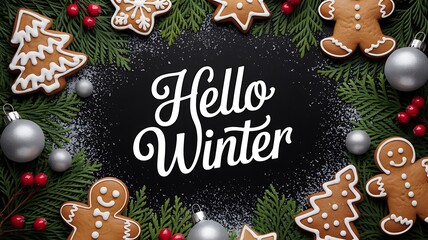 Hello winter text surrounded by gingerbread cookies and evergreen branches