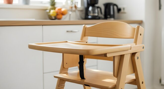 A wooden high chair for a baby is placed in a bright kitchen with white cabinets and a countertop with fruit, isolated on white background