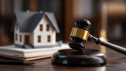 Real estate auction with gavel and model house