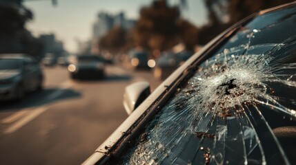 Broken car windshield on city street day
