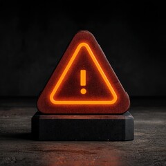 Glowing warning sign on black pedestal