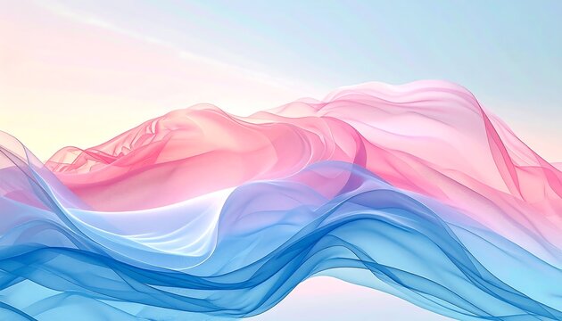 Abstract flowing waves of pink and blue fabric against a light sky.