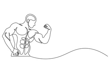 Continuous one line drawing of Showing his biceps. Single line drawing illustration of Muscular man in gym showing biceps muscles. Fitness achievement concept vector art. Doodle line illustration.