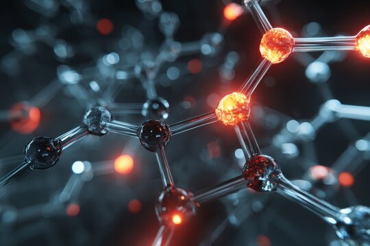 Futuristic nanotechnology concept featuring glowing particles and interconnected molecular structures in a dark environment