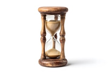 An old hourglass measures time as sand falls from top to bottom on a white background.