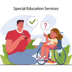 Adult male teacher assisting young girl in wheelchair with learning in special education services classroom with green and pink tones and checkmark and question mark icons overhead