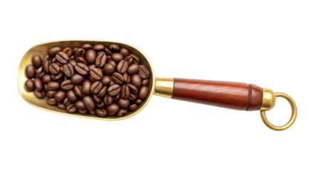 Golden scoop filled with roasted coffee beans isolated on transparent background