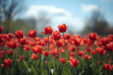 Naklejka premium Red tulip garden in spring background or pattern. Red tulip garden or field in spring background, pattern or texture