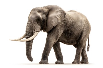 Fototapeta premium An elephant walks with large tusks against a white background.