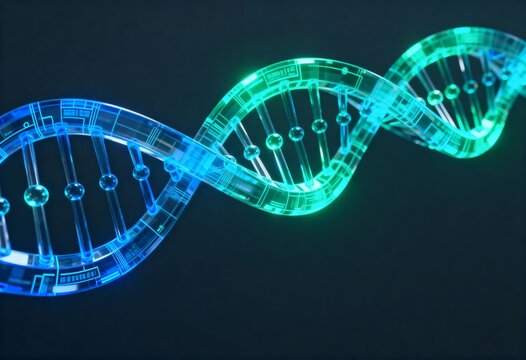 DNA Helix: A visually stunning representation of a DNA double helix, with intricate details of the spiraling structure highlighted by gradients of teal and blue.