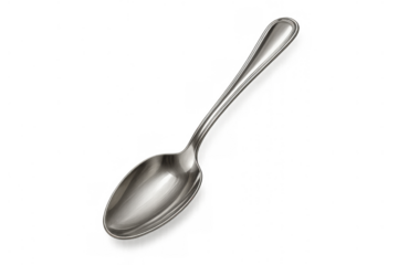 Silver metal spoon isolated on a transparent background, reflecting light and ready for serving