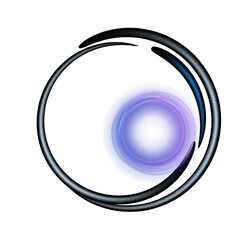 Abstract swirling blue and purple circles with thin black outer ring and white dot at the center on a transparent white background