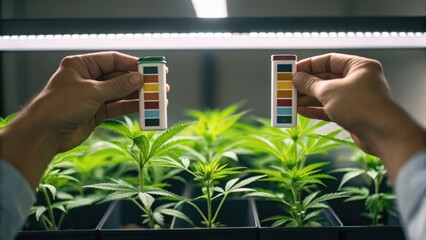 Hands holding color test strips in front of young cannabis plants under a grow light, indicating nutrient assessment or health monitoring.