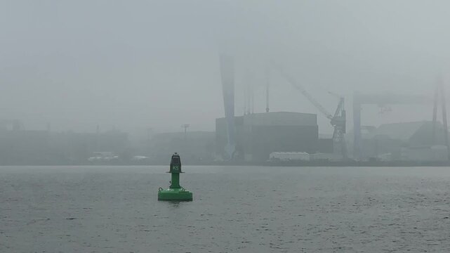 Nebel über der Kieler Förde mit den gro&szlig;en Werftkränen