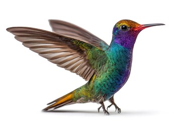 Obraz premium A small Hummingbird with colorful feathers hovers in the air with its wings spread wide on a white background.