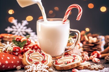 Milk being poured into glass mug with gingerbread cookies and candy cane, festive Christmas scene with lights, cozy holiday moment for winter celebrations and seasonal decoration