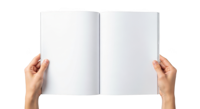 Hands holding open blank white book isolated on transparent background