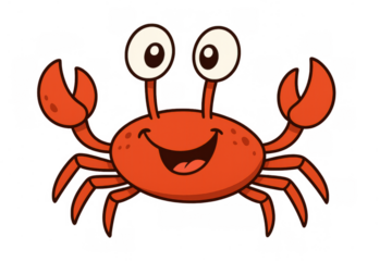 Cartoon crab character smiling, happy marine animal mascot with cheerful expression, ocean creature illustration