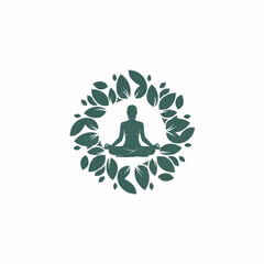 Meditating Figure Surrounded by Leaves in a Circular Design.