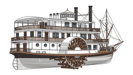 A multidecked paddlewheel riverboat with sails