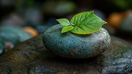 Realistic nature shot of rock with leaf illustrating calm and balanced work life perspective