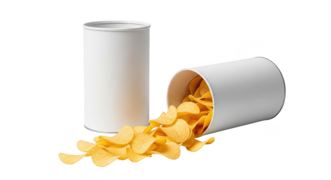 Two white potato chip tubes with chips spilling out isolated on transparent background