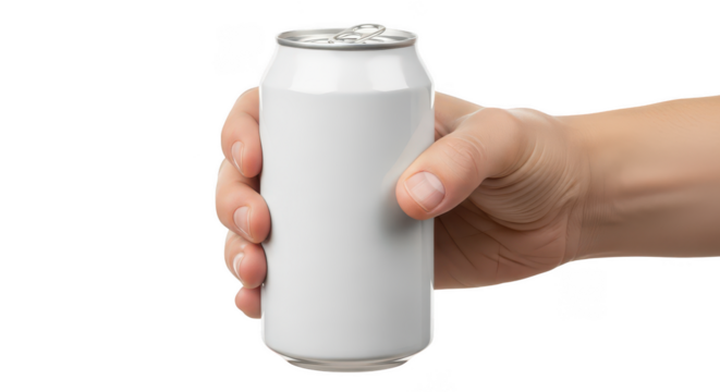 Hand holding a blank white beverage can isolated on transparent background